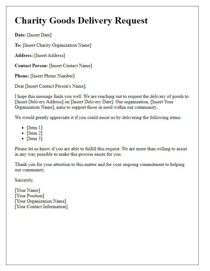 Letter template of charity goods delivery request