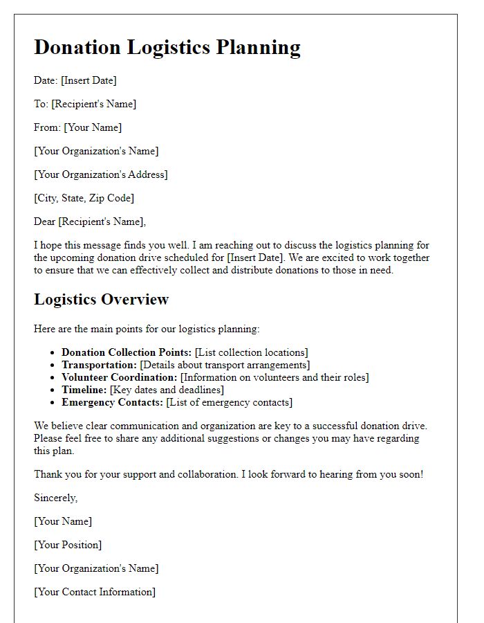 Letter template of donation logistics planning