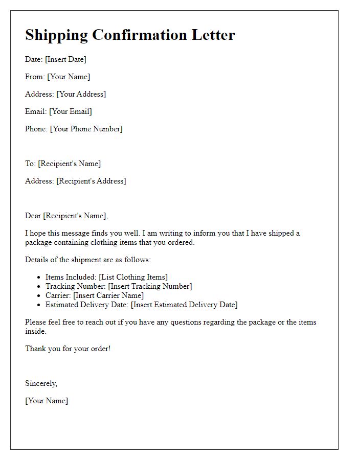 Letter template of personal package shipping for clothing items