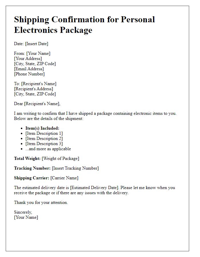 Letter template of personal package shipping for electronics