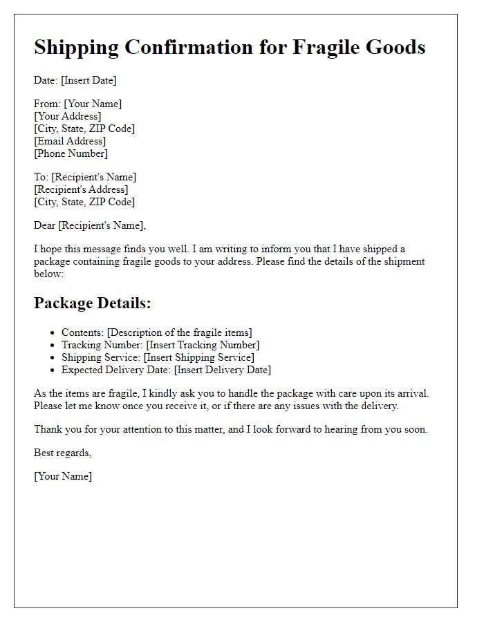 Letter template of personal package shipping for fragile goods