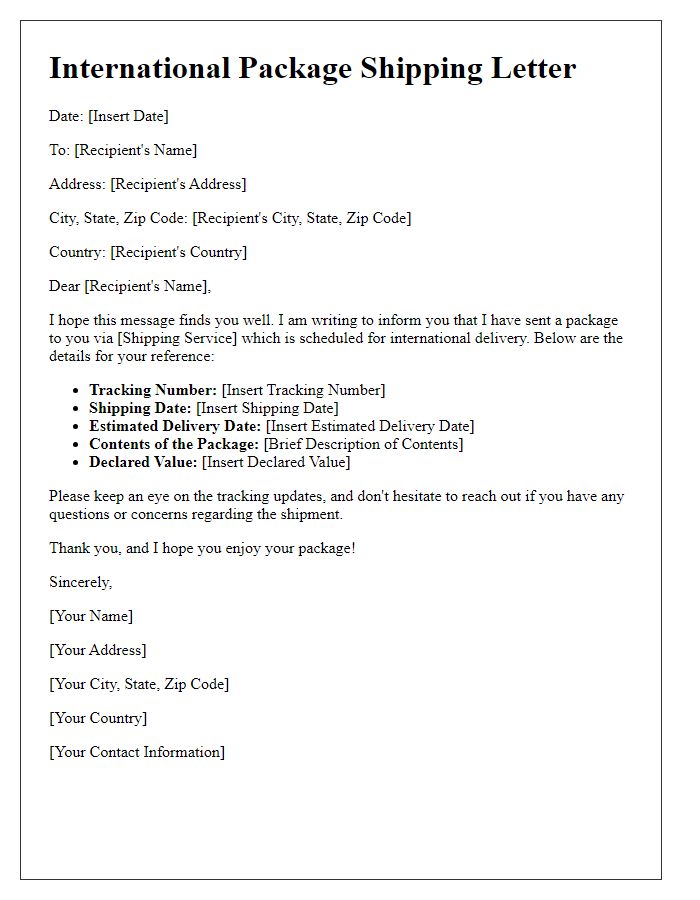 Letter template of personal package shipping for international deliveries