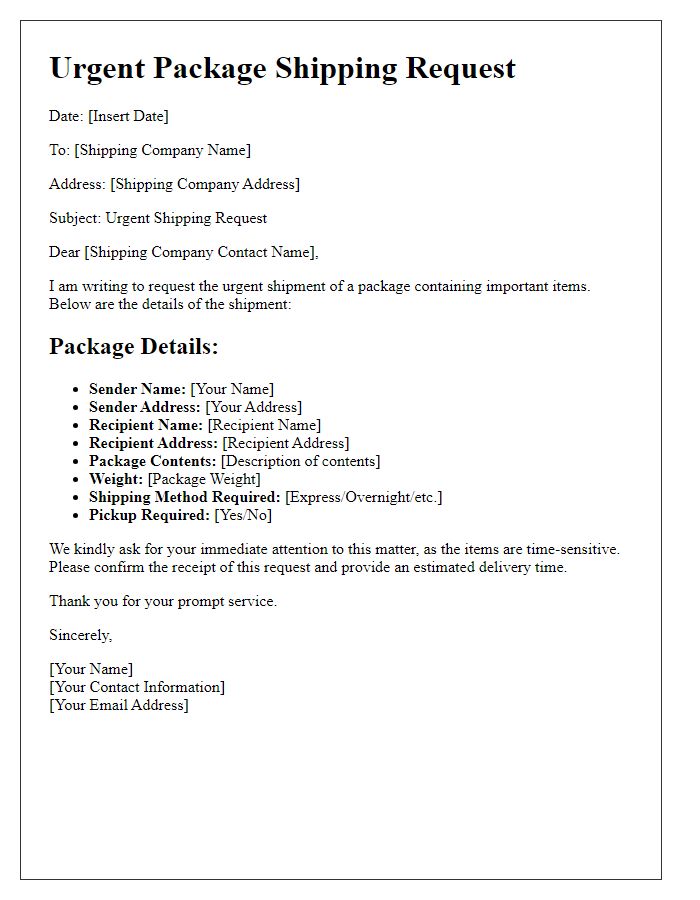 Letter template of personal package shipping for urgent items