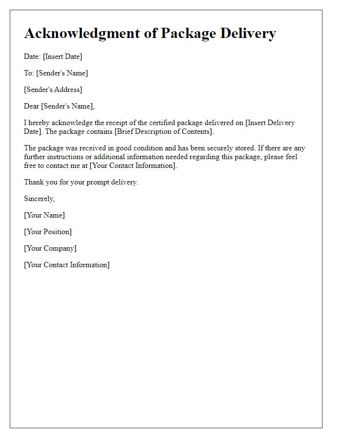 Letter template of acknowledgment for certified package delivery