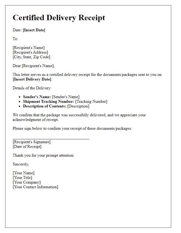 Letter template of certified delivery receipt recognition