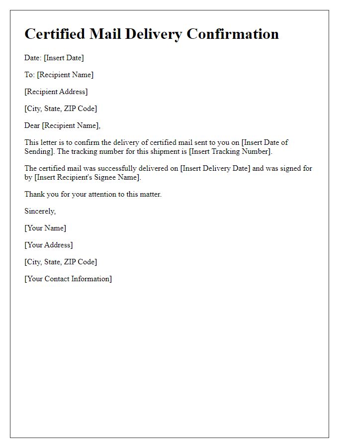 Letter template of certified mail delivery confirmation