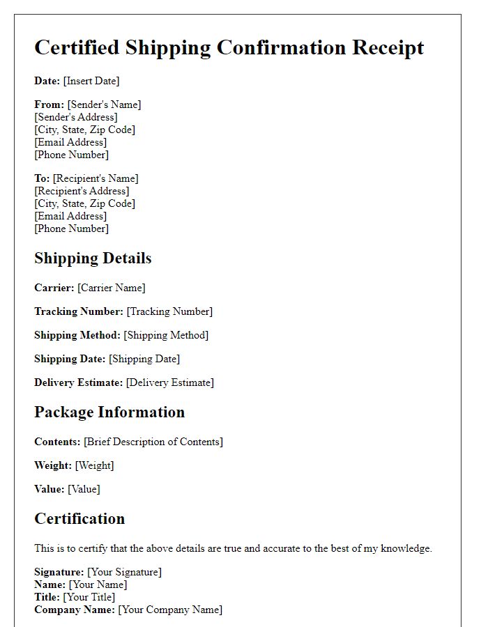 Letter template of certified shipping confirmation receipt