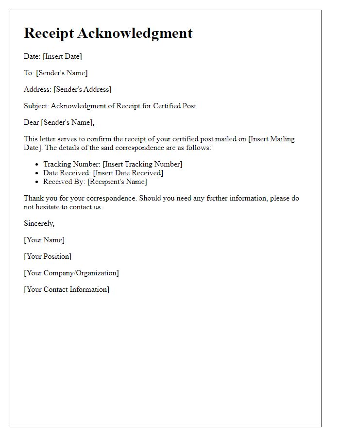 Letter template of receipt acknowledgment for certified post