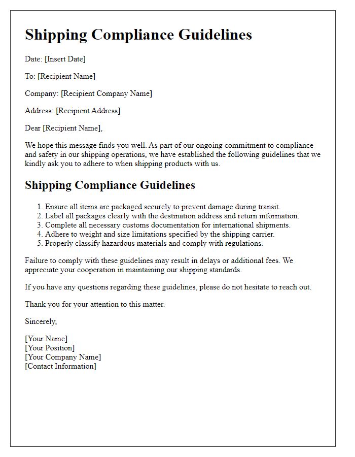 Letter template of shipping compliance guidelines