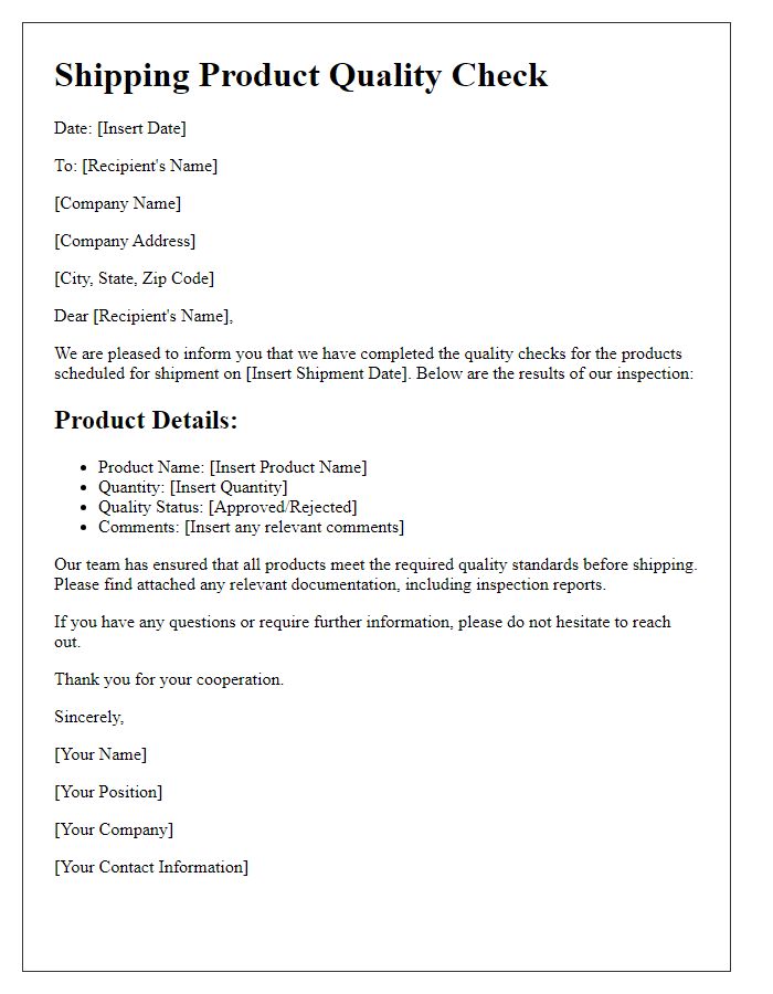 Letter template of shipping product quality checks