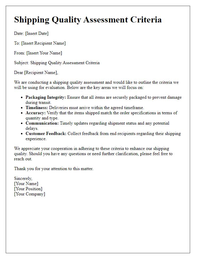 Letter template of shipping quality assessment criteria