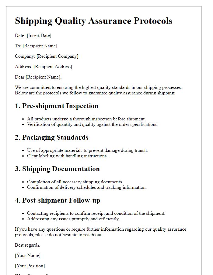 Letter template of shipping quality assurance protocols