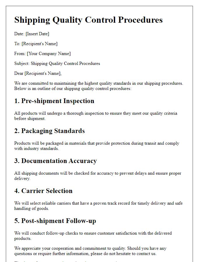 Letter template of shipping quality control procedures