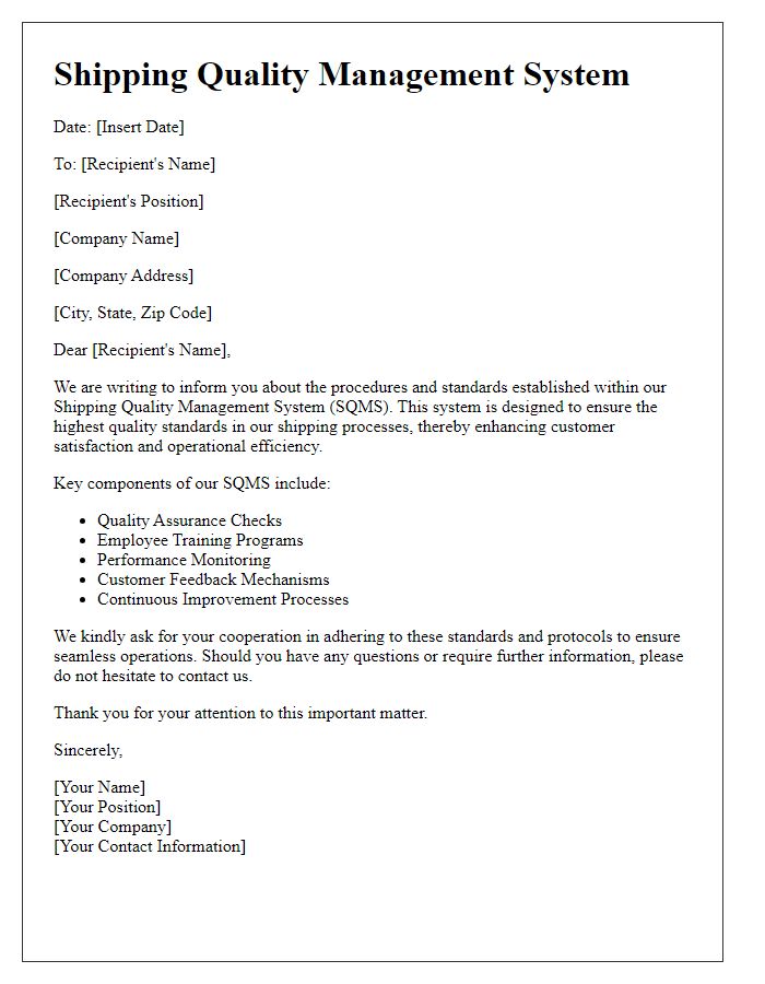 Letter template of shipping quality management system