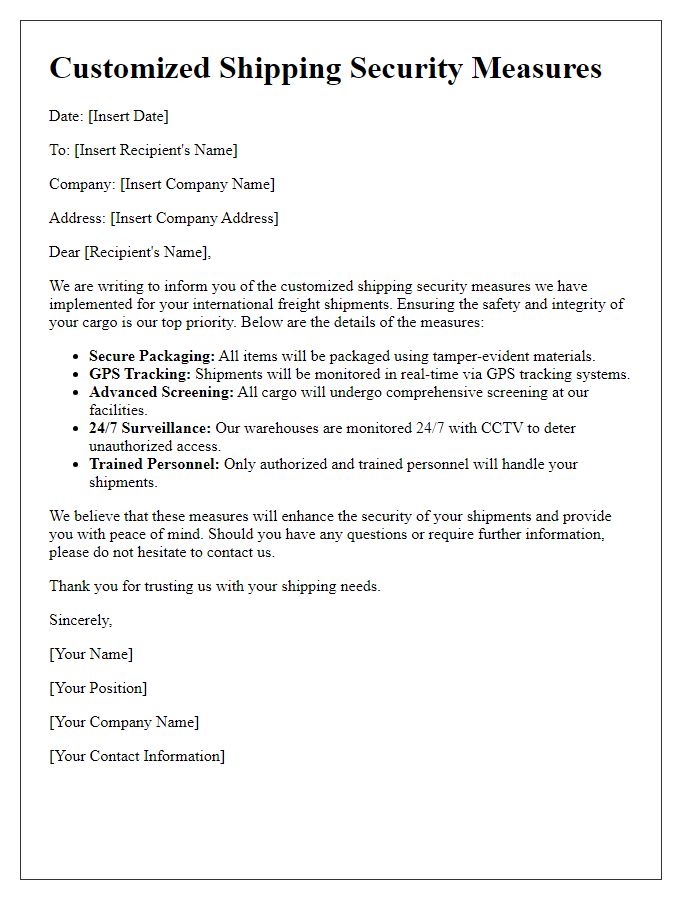 Letter template of customized shipping security measures for international freight.