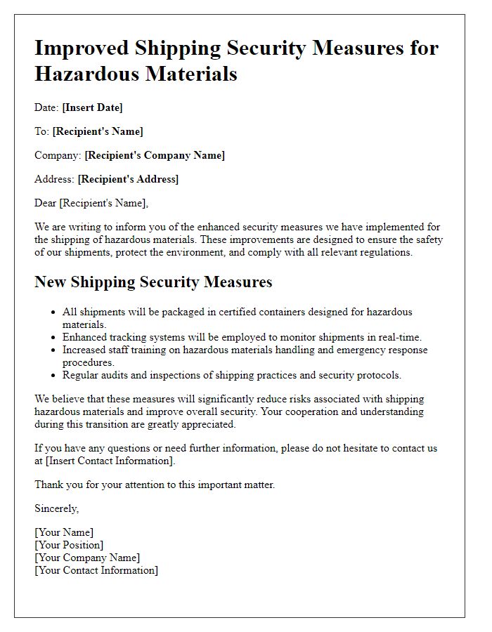 Letter template of improved shipping security measures for hazardous materials.