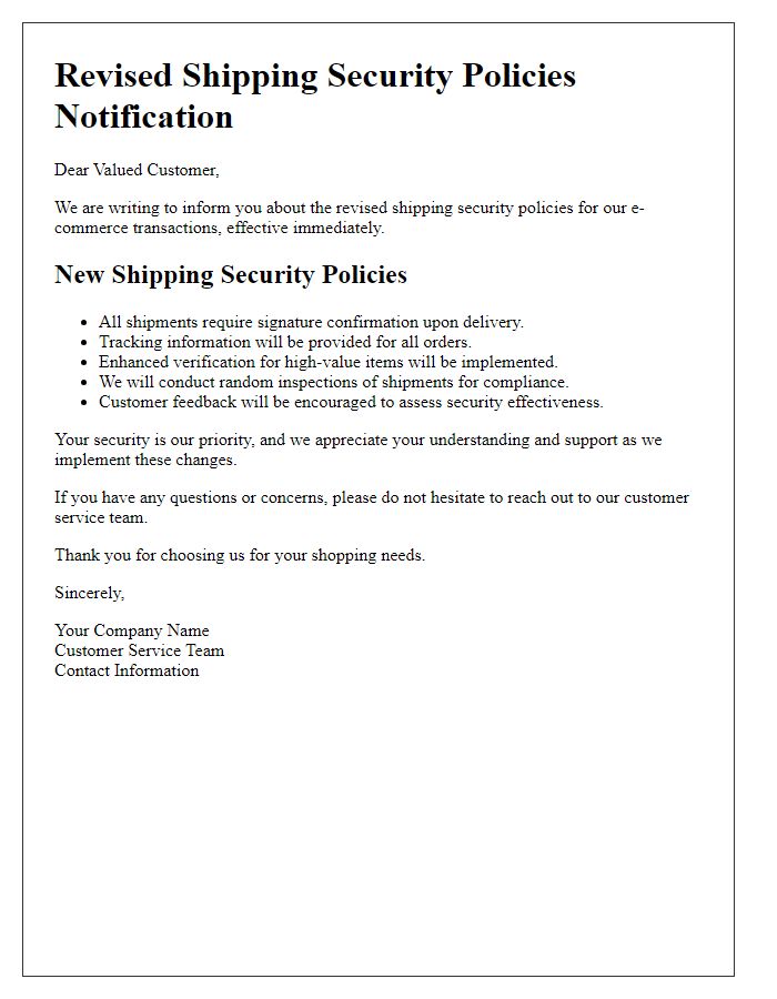 Letter template of revised shipping security policies for e-commerce transactions.