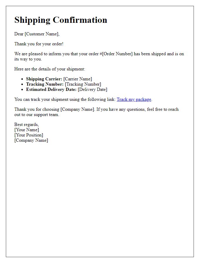 Letter template of shipping confirmation notification