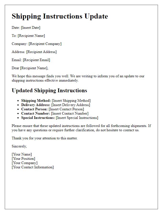 Letter template of shipping instructions update