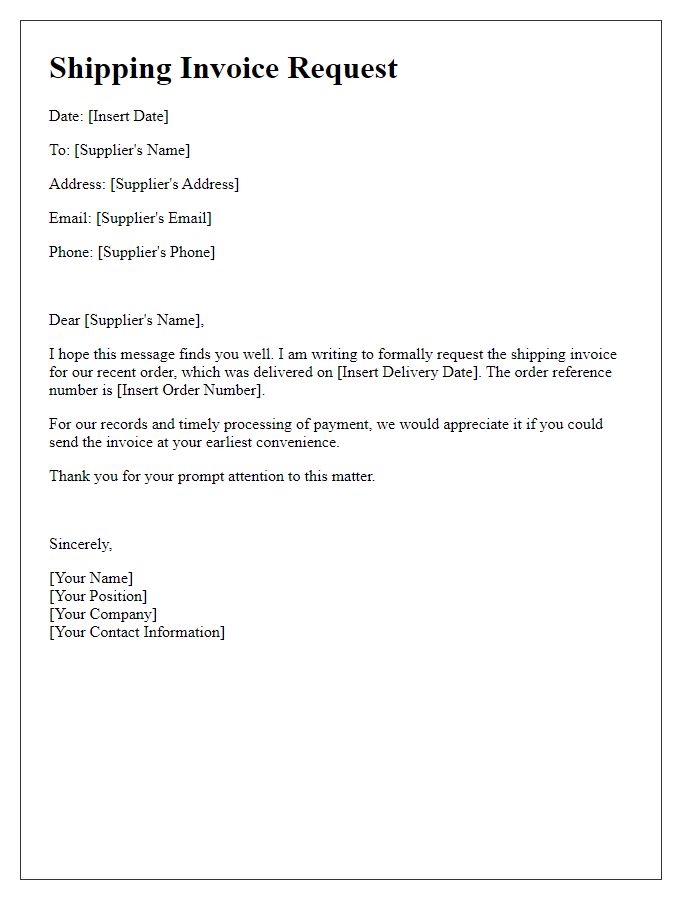 Letter template of shipping invoice request