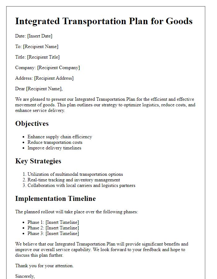 Letter template of integrated transportation plan for goods