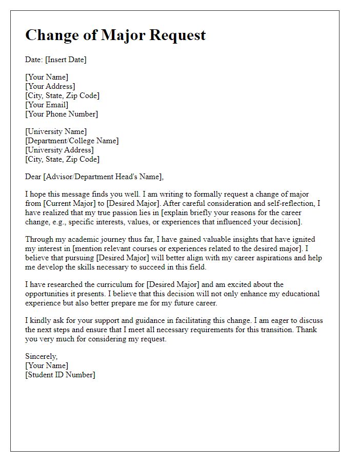 Letter template of Change of Major Request for Career Change Aspirants