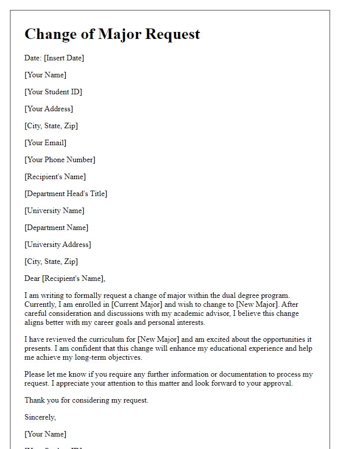 Letter template of Change of Major Request for Dual Degree Programs