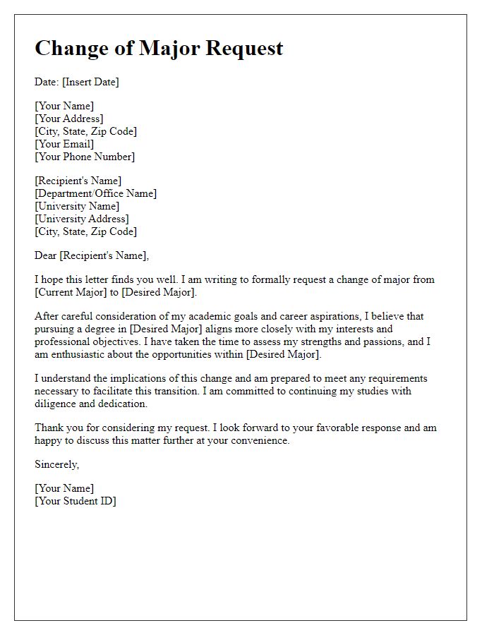 Letter template of Change of Major Request for Graduate Students