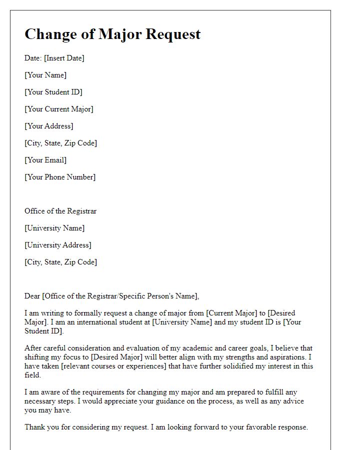 Letter template of Change of Major Request for International Students