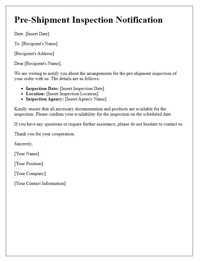 Letter template of notification for pre-shipment inspection arrangements