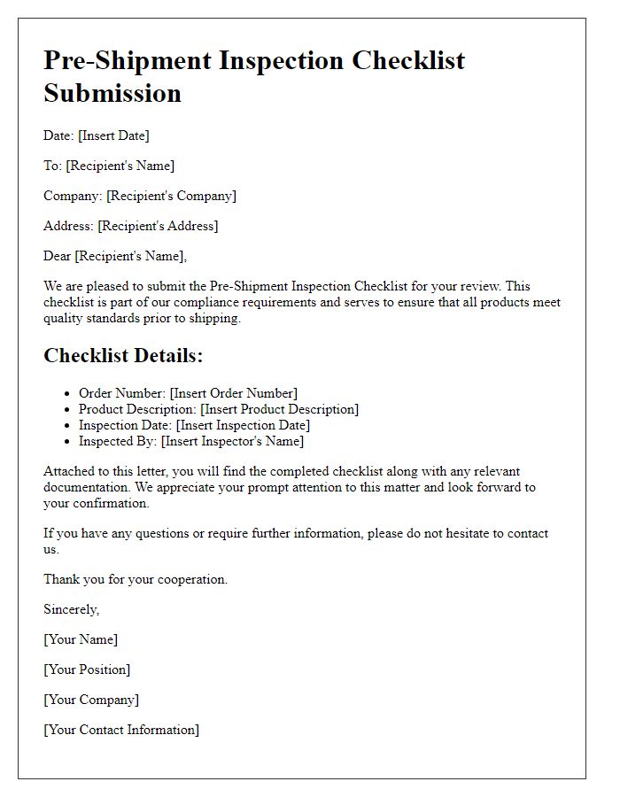 Letter template of pre-shipment inspection checklist submission