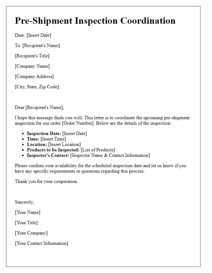 Letter template of pre-shipment inspection coordination details