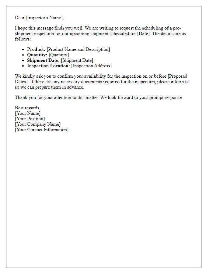 Letter template of pre-shipment inspection scheduling request