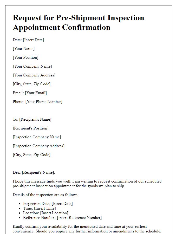 Letter template of request for pre-shipment inspection appointment confirmation