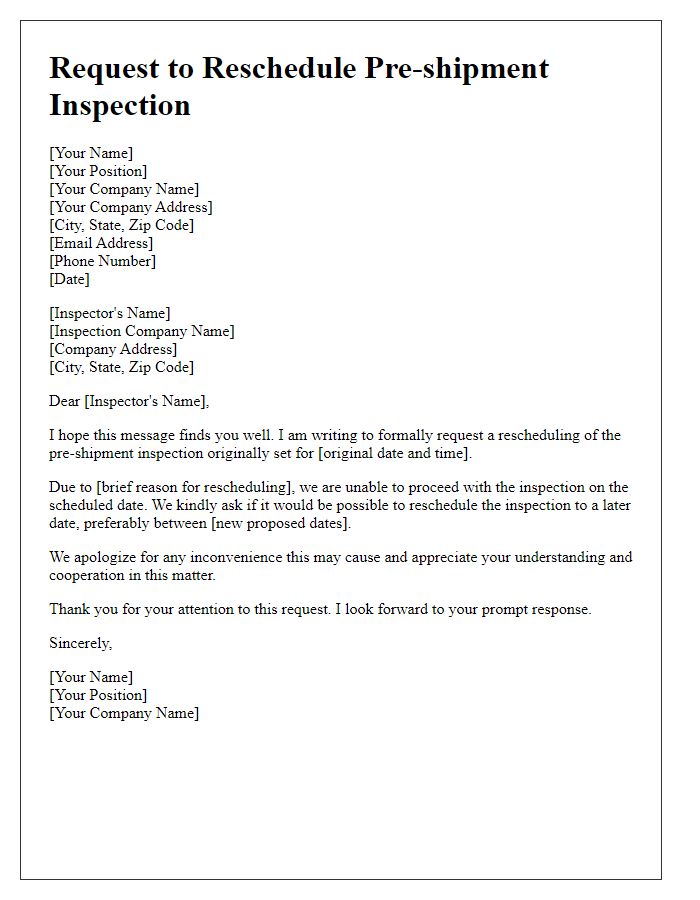 Letter template of request to reschedule pre-shipment inspection