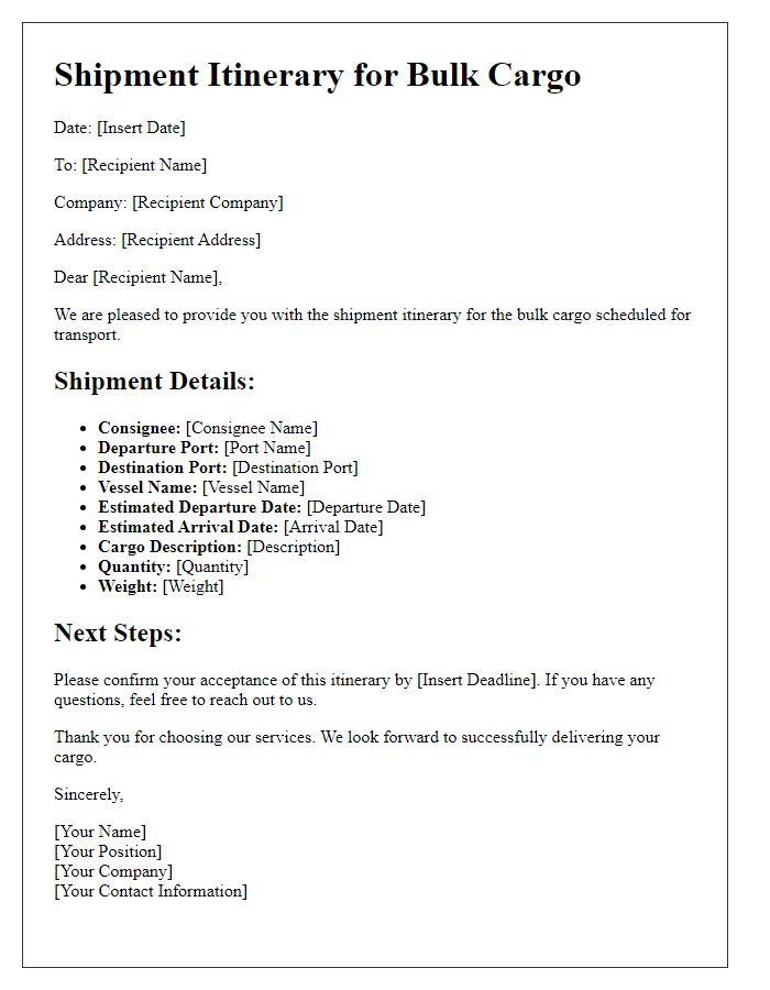 Letter template of shipment itinerary for bulk cargo