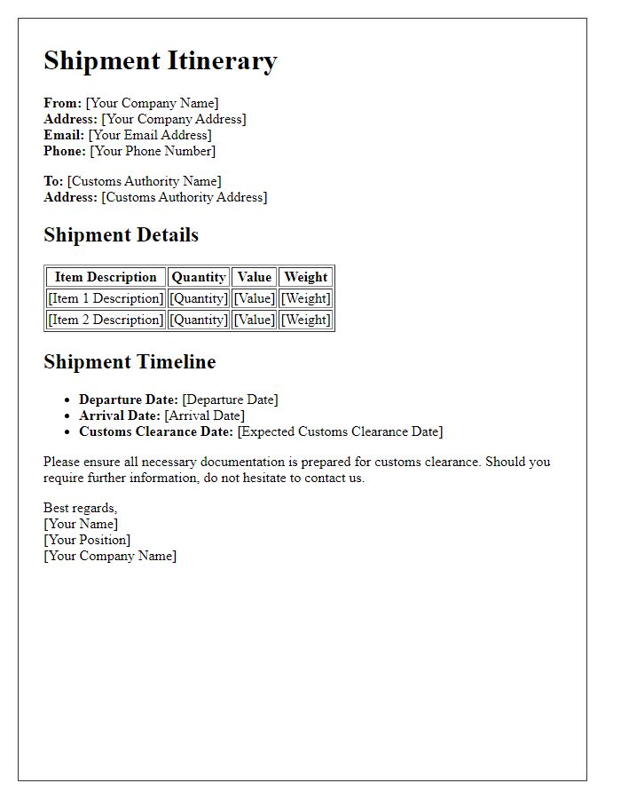 Letter template of shipment itinerary for customs clearance