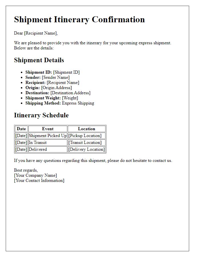 Letter template of shipment itinerary for express shipping