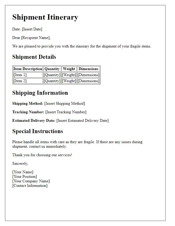 Letter template of shipment itinerary for fragile items