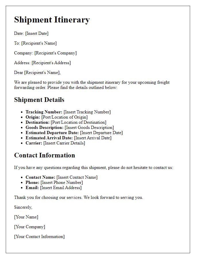 Letter template of shipment itinerary for freight forwarding