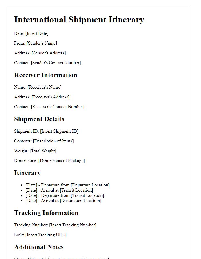 Letter template of shipment itinerary for international delivery