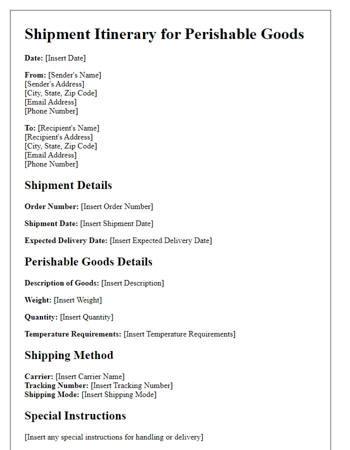 Letter template of shipment itinerary for perishable goods