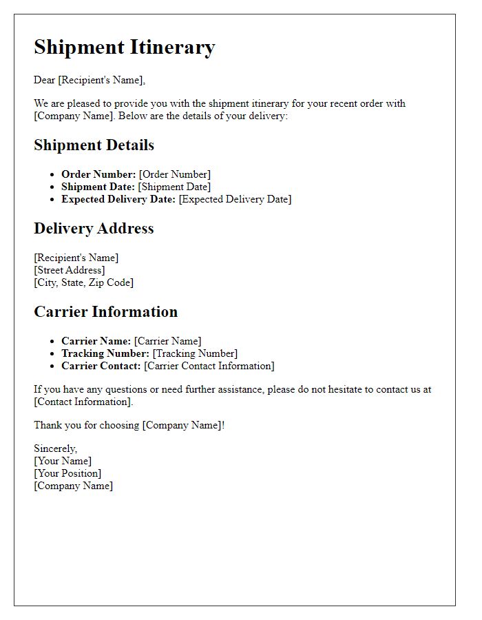 Letter template of shipment itinerary for retail delivery