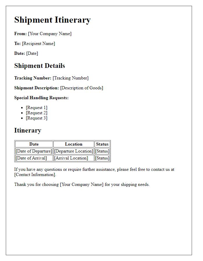 Letter template of shipment itinerary for special handling requests