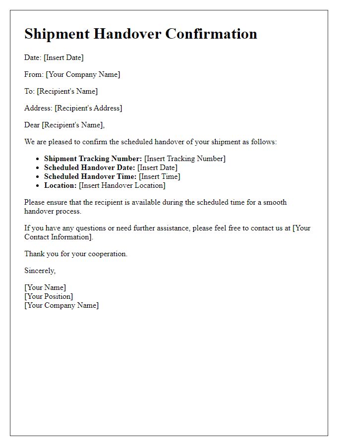 Letter template of scheduled shipment handover confirmation