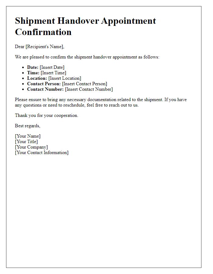 Letter template of shipment handover appointment details