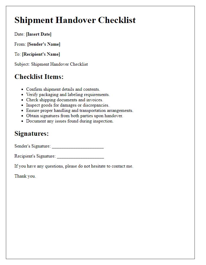 Letter template of shipment handover checklist for parties involved