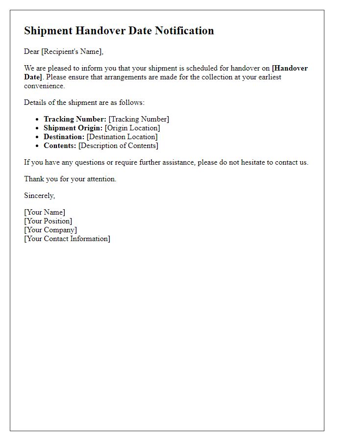 Letter template of shipment handover date notification