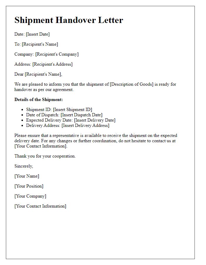 Letter template of shipment handover logistics coordination