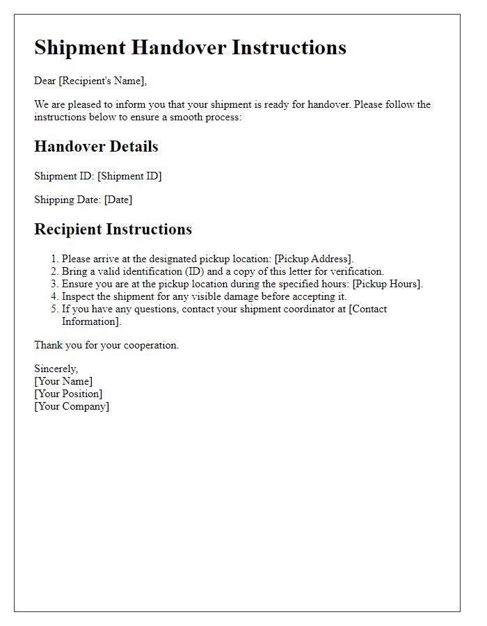 Letter template of shipment handover recipient instructions